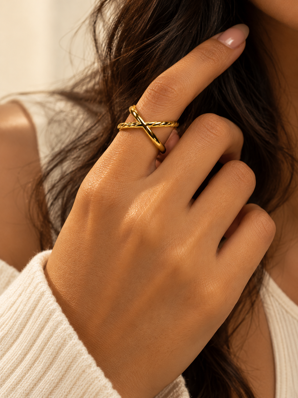 Golden Crossed Texture Ring