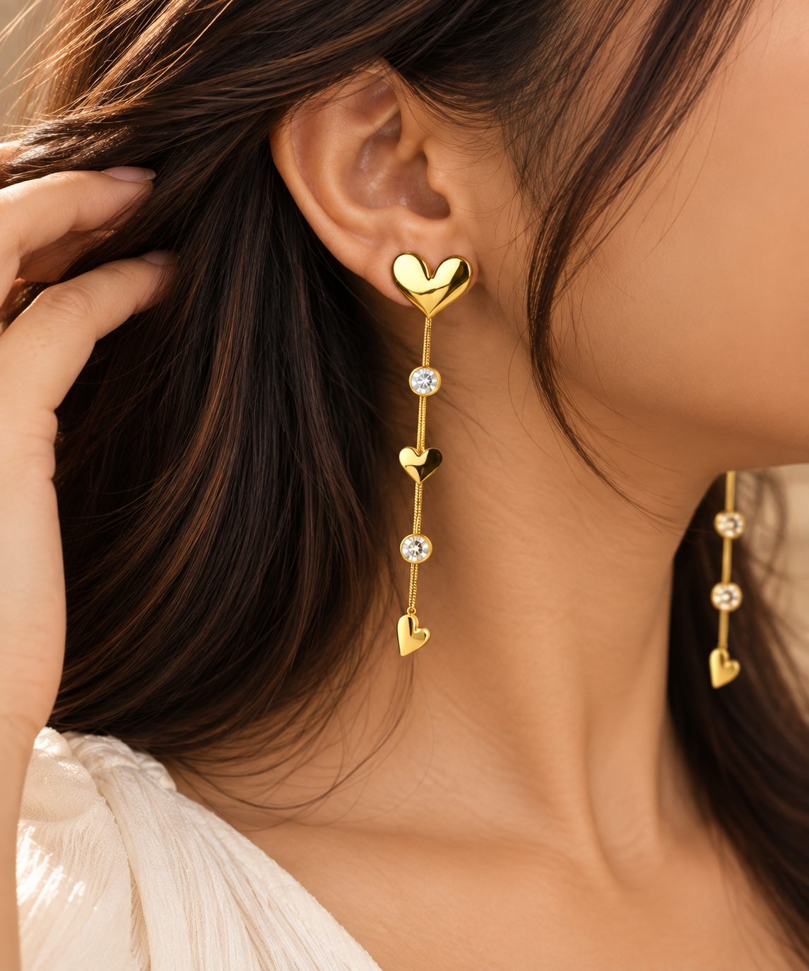 Golden Heart Crystal Drop Earrings