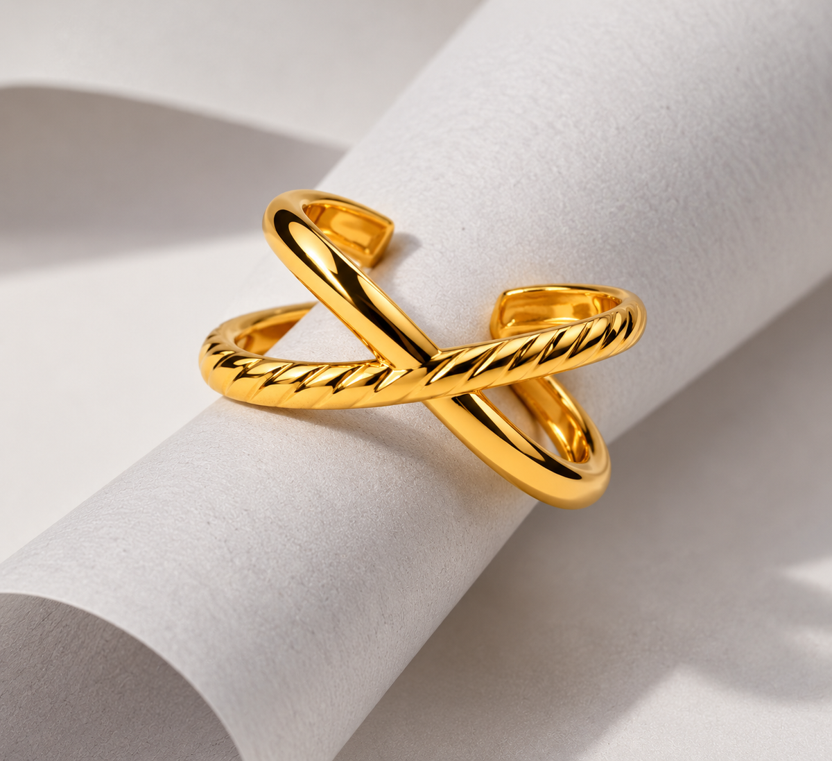 Golden Crossed Texture Ring