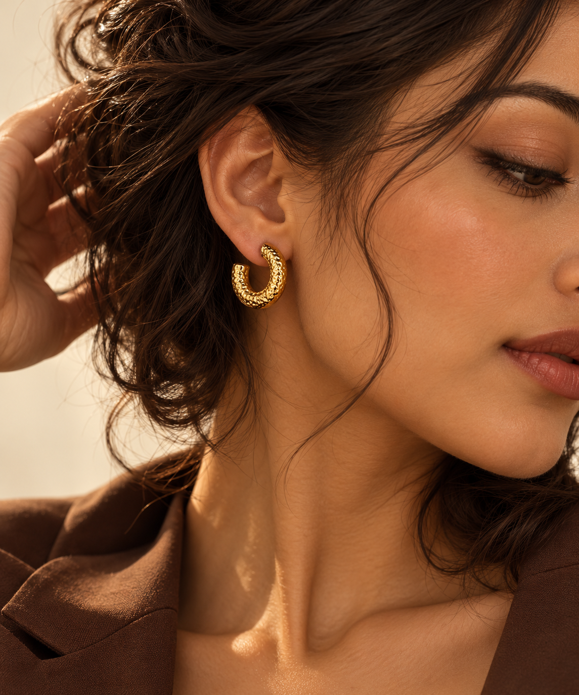 Golden Hammered Open Hoop Earrings