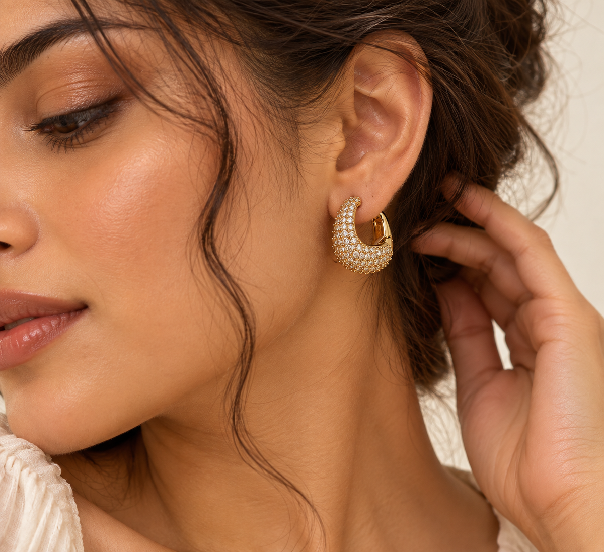 Golden Crystal Heart Hoop Earrings