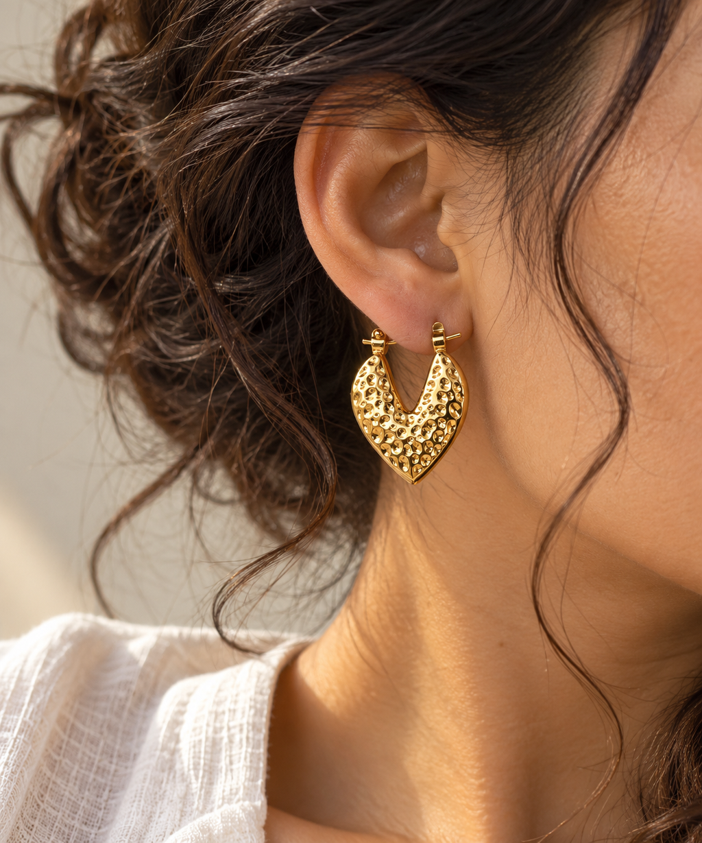 Golden Hammered Heart Hoops