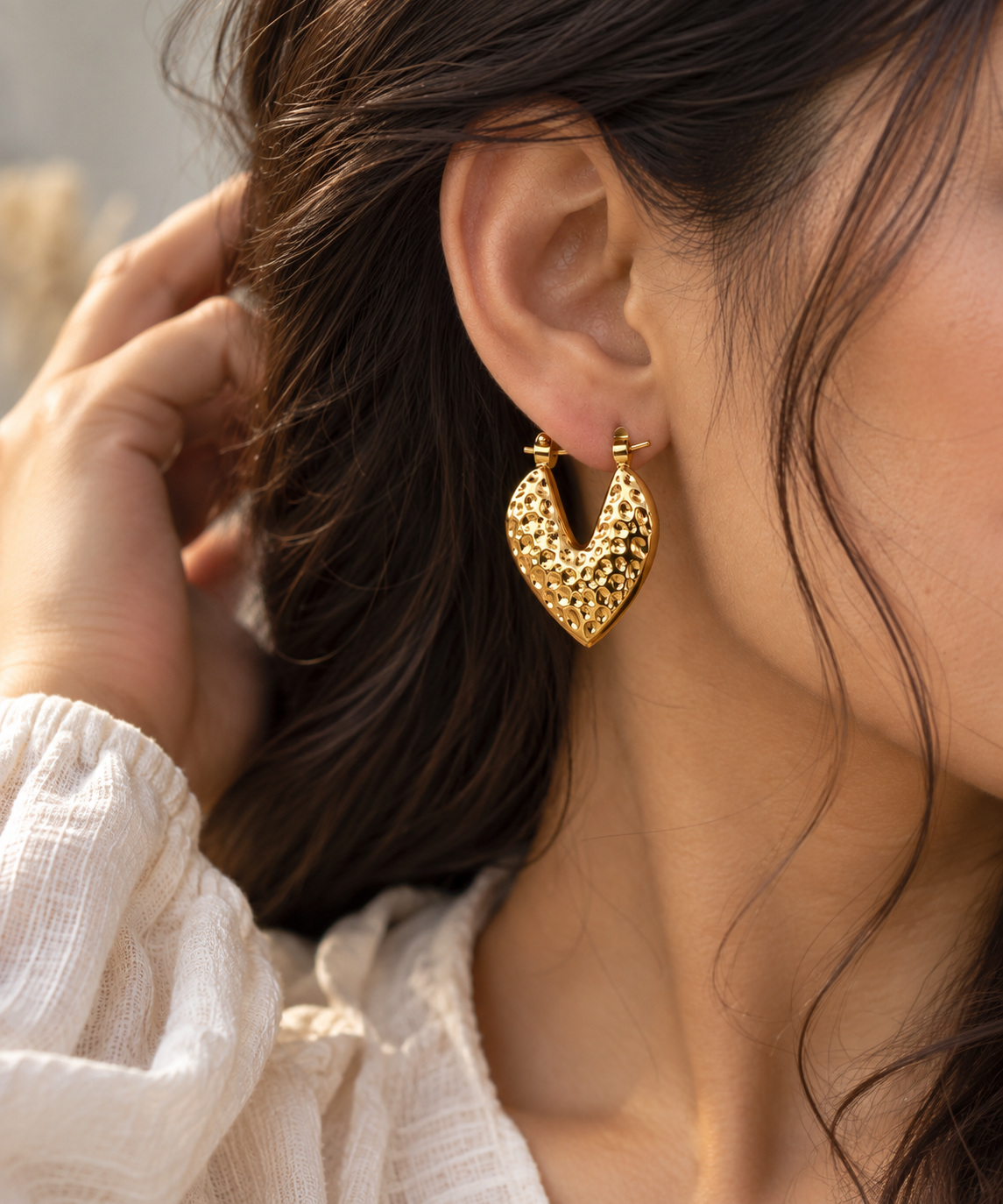 Golden Hammered Heart Hoops