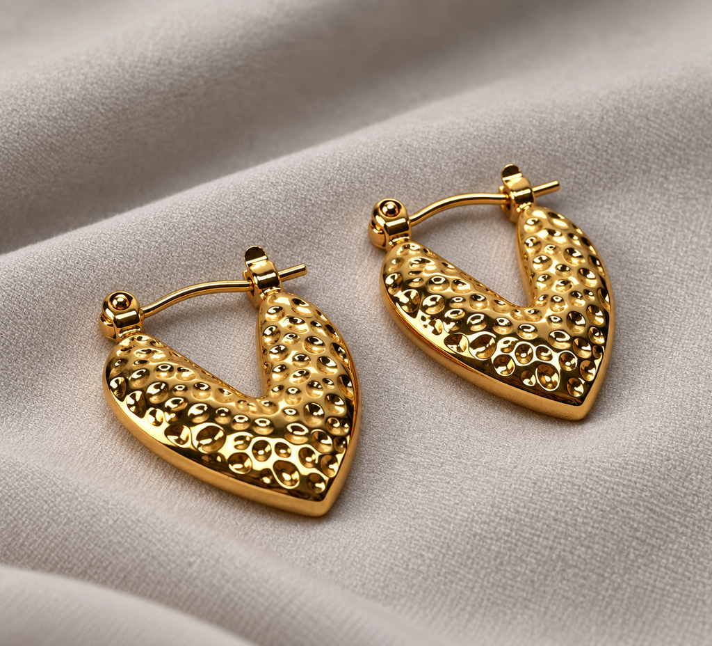 Golden Hammered Heart Hoops