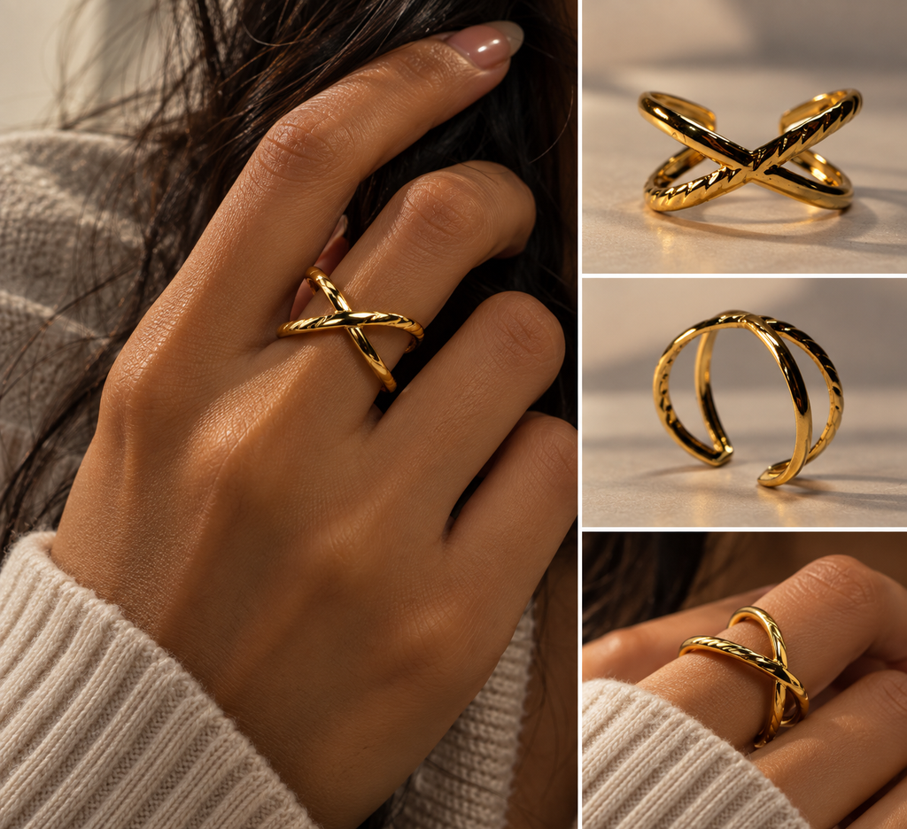 Golden Crossed Texture Ring